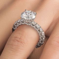Round Hidden Halo Micropavé Basket Head U Shape Set Shank Diamond Engagement Ring Setting (2.45ctw) in 18k White Gold