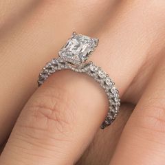 Emerald Cut Hidden Halo Micropavé Diamond Engagement Ring Setting (1.85ctw) in 18k White Gold