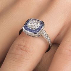 Cushion Cut Art Deco Sapphire & Diamond Engagement Ring Setting (1.11ctw) in Platinum