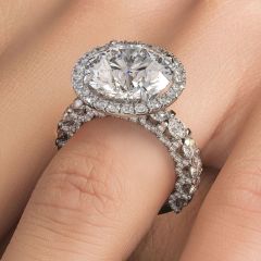Round Halo Micropavé U Shape Shank Diamond Engagement Ring Setting (3.45ctw) in 18k White Gold