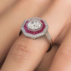 Round Brilliant Antique Art Deco Ruby & Diamond Engagement Ring Setting (1.35ctw) in Platinum