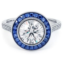 Round Brilliant Antique Art Deco Bezel Set Sapphire & Diamond Engagement Ring Setting (1.05ctw) in Platinum