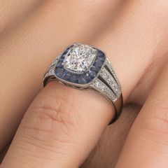 Cushion Cut Antique Art Deco Sapphire & Diamond Engagement Ring Setting (1.30ctw) in Platinum