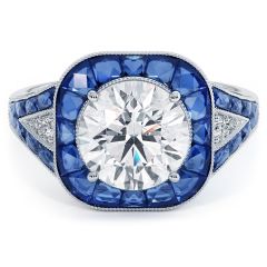 Round Brilliant Antique Art Deco Sapphire & Diamond Engagement Ring Setting (2.05ctw) in Platinum