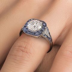 Round Brilliant Antique Art Deco Sapphire & Diamond Engagement Ring Setting (2.05ctw) in Platinum