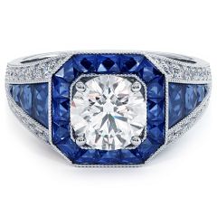 Round Brilliant Antique Art Deco Sapphire & Diamond Engagement Ring Setting (1.87ctw) in Platinum