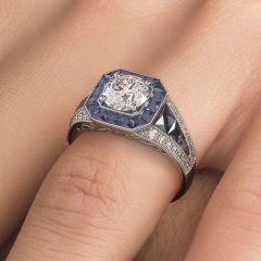 Round Brilliant Antique Art Deco Sapphire & Diamond Engagement Ring Setting (1.87ctw) in Platinum