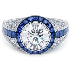Round Brilliant Antique Art Deco Sapphire & Diamond Engagement Ring Setting (1.75ctw) in Platinum