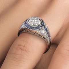 Round Brilliant Antique Art Deco Sapphire & Diamond Engagement Ring Setting (1.75ctw) in Platinum
