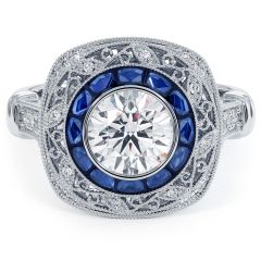 Round Brilliant Antique Art Deco Sapphire & Diamond Engagement Ring Setting (0.85ctw) in Platinum