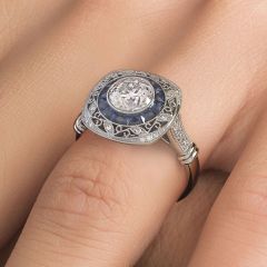 Round Brilliant Antique Art Deco Sapphire & Diamond Engagement Ring Setting (0.85ctw) in Platinum