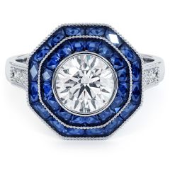 Round Brilliant Antique Art Deco Sapphire & Diamond Engagement Ring Setting (1.38ctw) in Platinum
