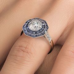 Round Brilliant Antique Art Deco Sapphire & Diamond Engagement Ring Setting (1.38ctw) in Platinum
