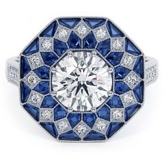 Round Brilliant Antique Art Deco Sapphire & Diamond Engagement Ring Setting (1.40ctw) in Platinum