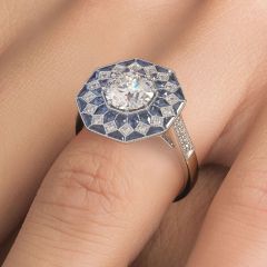 Round Brilliant Antique Art Deco Sapphire & Diamond Engagement Ring Setting (1.40ctw) in Platinum