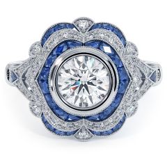 Round Brilliant Antique Art Deco Sapphire & Diamond Engagement Ring Setting (1.40ctw) in Platinum