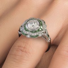 Round Brilliant Antique Art Deco Emerald & Diamond Engagement Ring Setting (1.40ctw) in Platinum