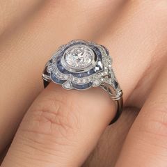 Round Brilliant Antique Art Deco Sapphire & Diamond Engagement Ring Setting (1.40ctw) in Platinum