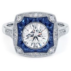 Round Brilliant Antique Art Deco Sapphire & Diamond Engagement Ring Setting (1.45ctw) in Platinum