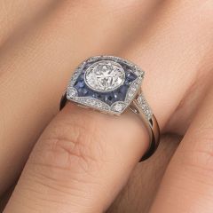 Round Brilliant Antique Art Deco Sapphire & Diamond Engagement Ring Setting (1.45ctw) in Platinum