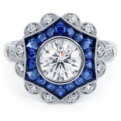 Round Brilliant Antique Art Deco Sapphire & Diamond Engagement Ring Setting (1.30ctw) in Platinum