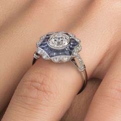 Round Brilliant Antique Art Deco Sapphire & Diamond Engagement Ring Setting (1.30ctw) in Platinum