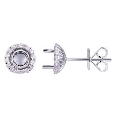 Round Halo Earring Stud Mounting In 18K White Gold