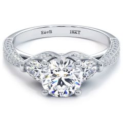Round Center Three Stone Milgrain Vintage Style Diamond Engagement Ring Setting (0.75ctw) in 18k White Gold