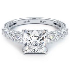 Princess Cut Micropavé & Graduated Side Diamond Engagement Ring Setting (0.90ctw) in 18k White Gold