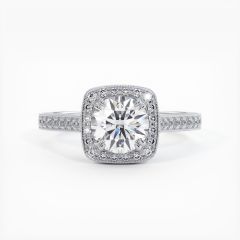 Cushion Halo With Round Center Micropavé Milgrain Diamond Engagement Ring Setting (0.33ctw) in 18k White Gold