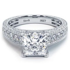 Princess Cut Center Three Sided Micropavé Milgrain Shank Diamond Engagement Ring Setting (1.50ctw) in 18k White Gold