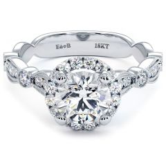 Round Halo Milgrain Filigree Vintage Style Diamond Engagement Ring Setting (0.55ctw) in 18k White Gold