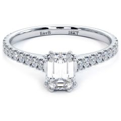 Emerald Cut Head, Double Prongs, Diamonds Under The Head, Petite Micropave Diamond Cathedral Shank, Engagement Ring Setting (0.35ctw) in 18k White Gold